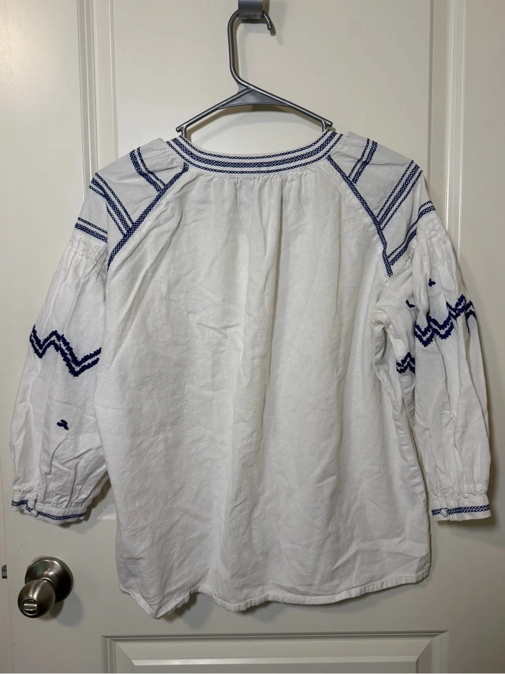 Zara White Peasant Blouse with Navy Trim